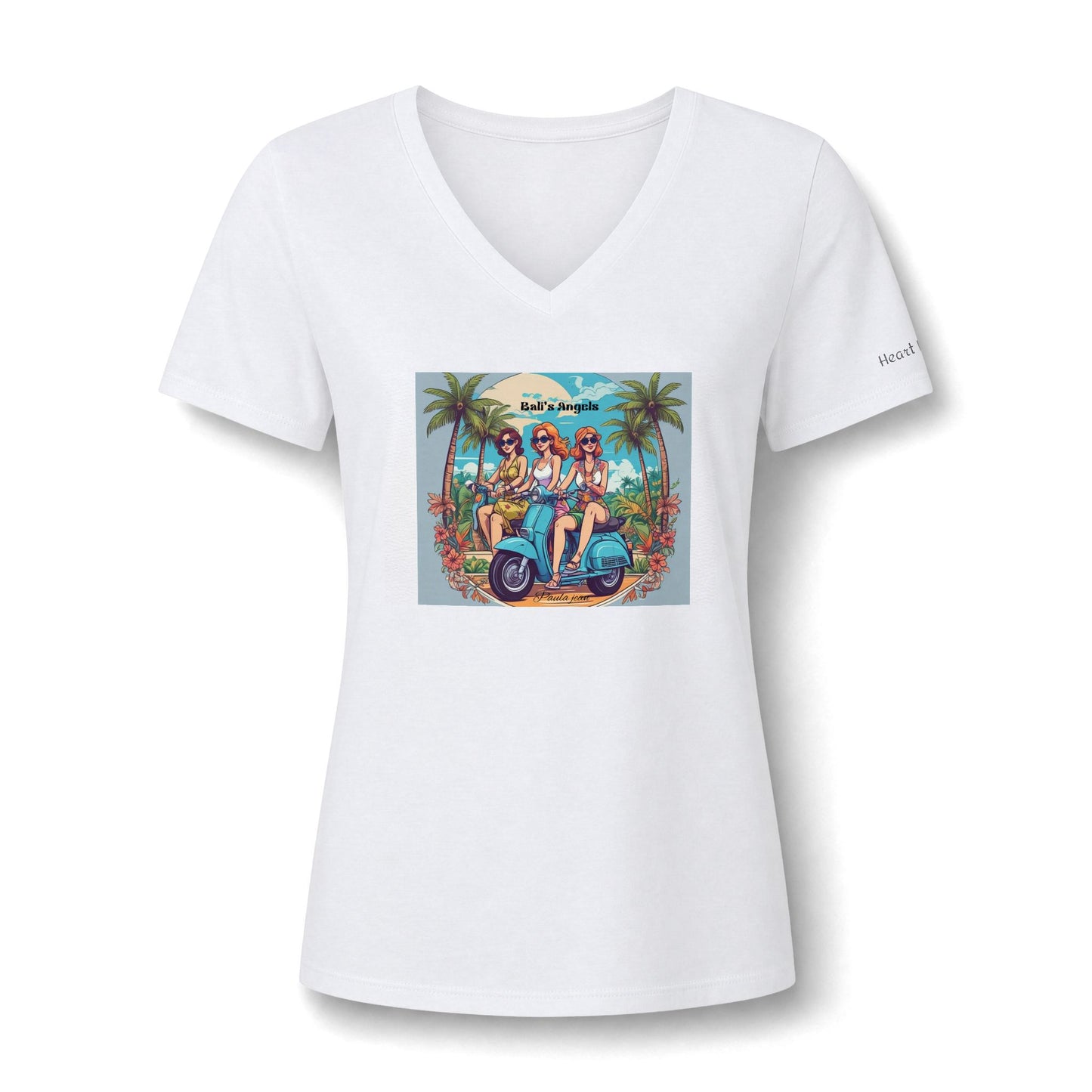 Women’s V-Neck Tee — Retro Beach Scooter Girls Graphic