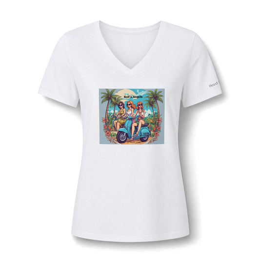 Women’s V-Neck Tee — Retro Beach Scooter Girls Graphic